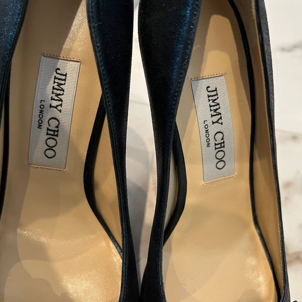 Jimmy Choo -  Forest Green-Satin Open-Toed Pumps - Picture 4 of 7